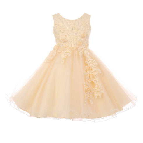 Big Girls Champagne Pearl Beaded Glitter Tulle Junior Bridesmaid Dress 8-12 - SophiasStyle.com